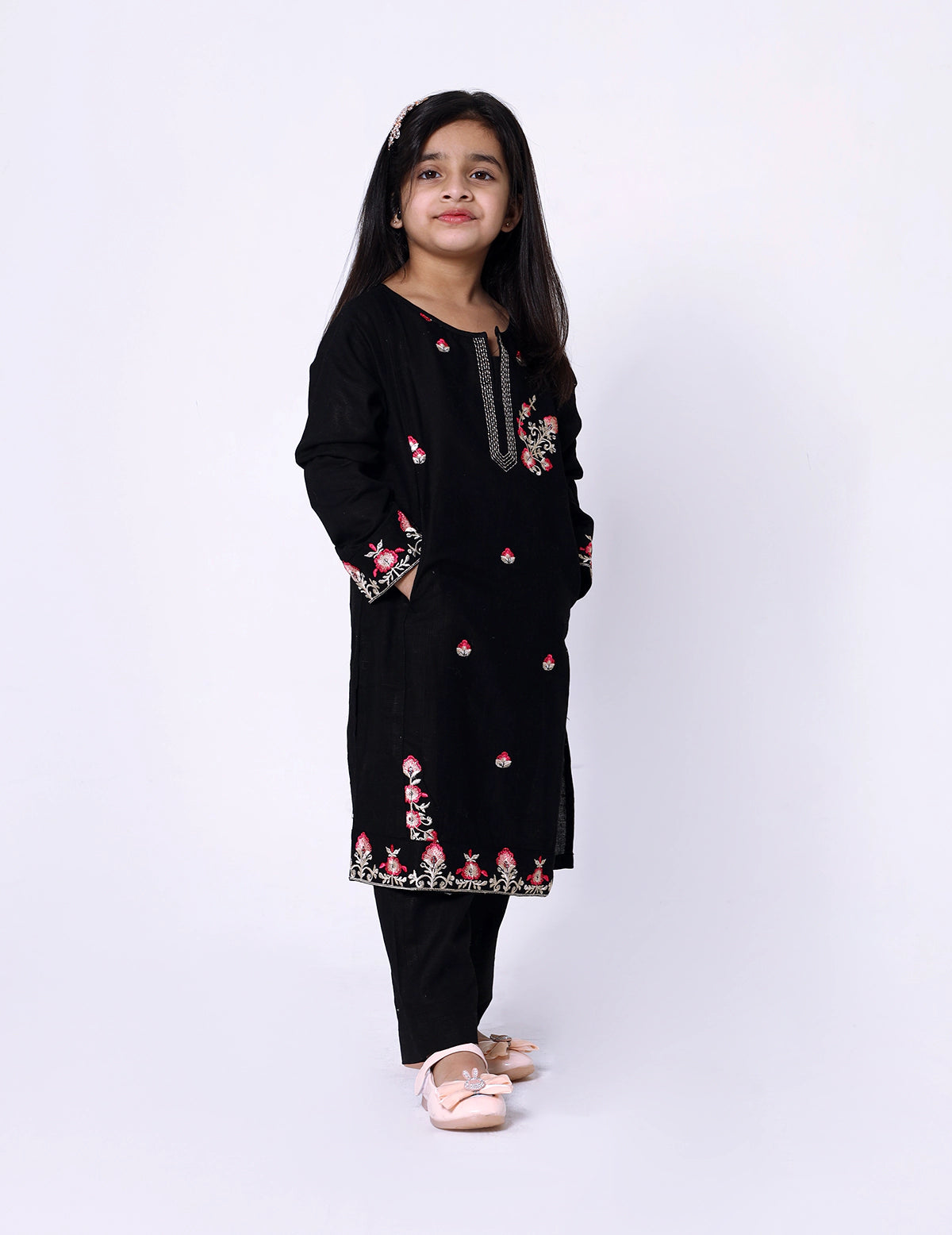 Girls Khadar Embroided suit - Black